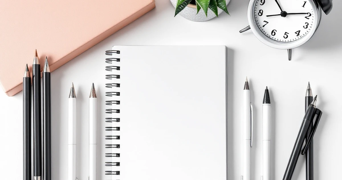 Isometric view of email marketing tools like notepad and pens on a desk.