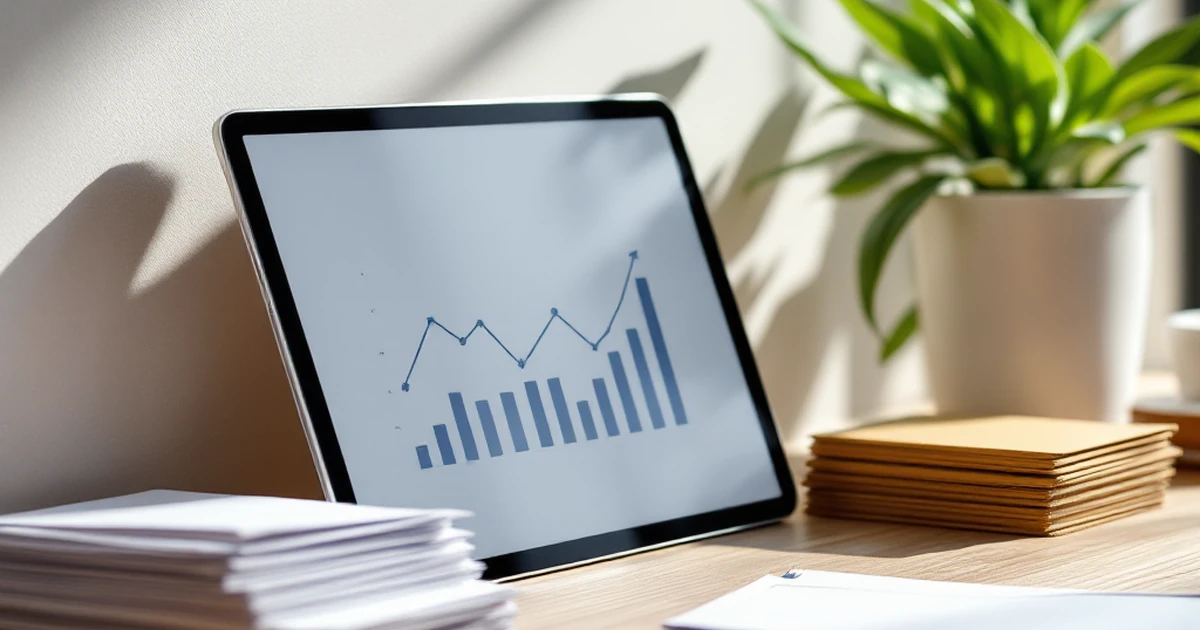Office desk with envelopes, tablet showing graph, and plant for email marketing.