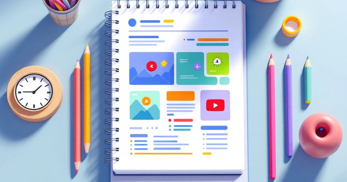 Isometric view of sketchpad, pencils, and calendar for email marketing tools.