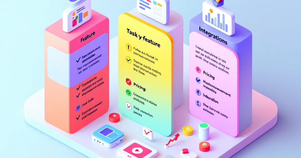 Isometric illustration of feature comparisons including task management, pricing, and integrations.