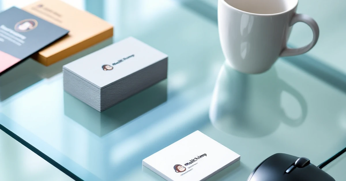 Mailchimp setup tools with business cards and mouse on glass table.