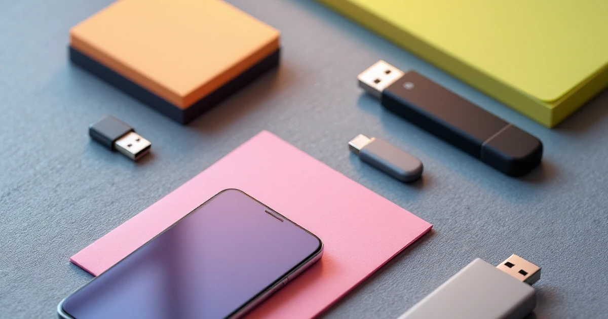 Collection of tech gadgets with sticky notes and USB drive.