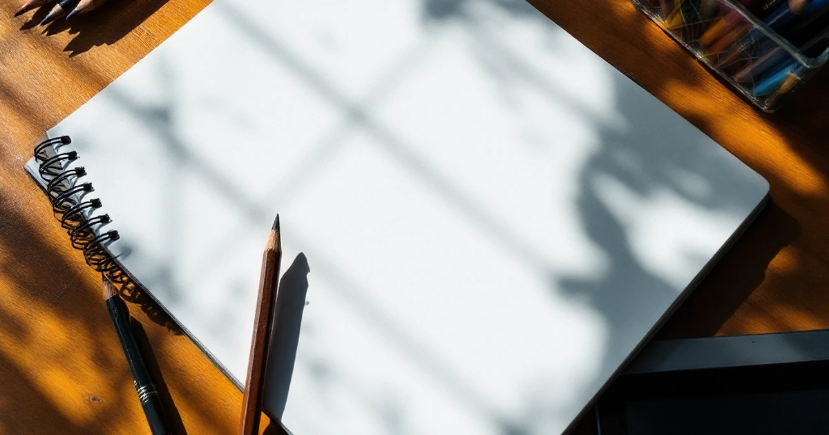 Creative workspace with sketchbook, pencils, and tablet.