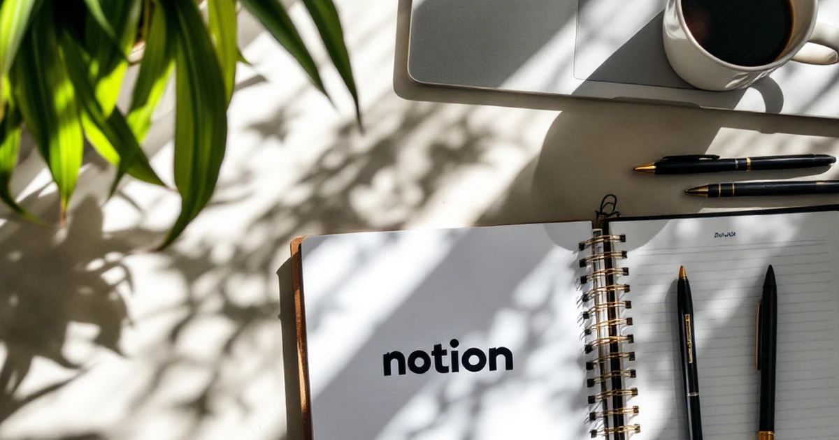 Desk setup with Notion logo, planner, and coffee cup in natural light.