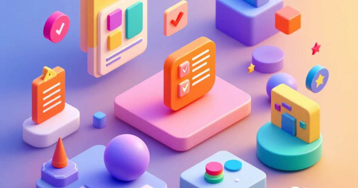 Isometric view of task management tools with abstract task shapes.