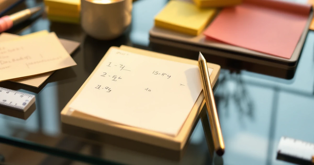 Office supplies on glass desk with sticky notes and whiteboard.