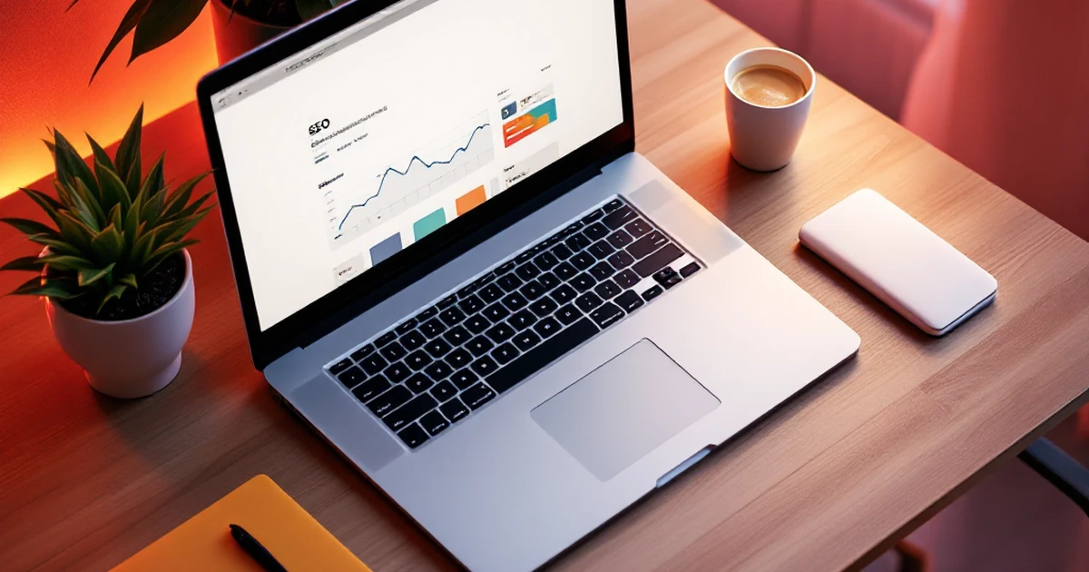 Workspace with laptop, notebook, coffee cup, and plant in warm lighting.