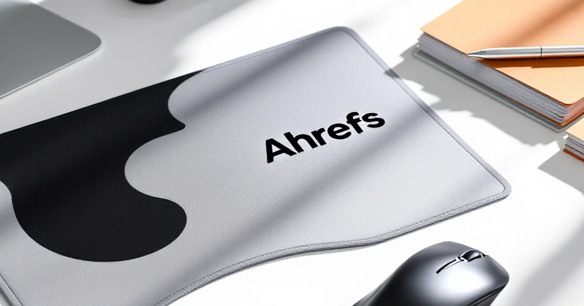 SEO tools including Ahrefs mouse pad and printed reports on a desk.