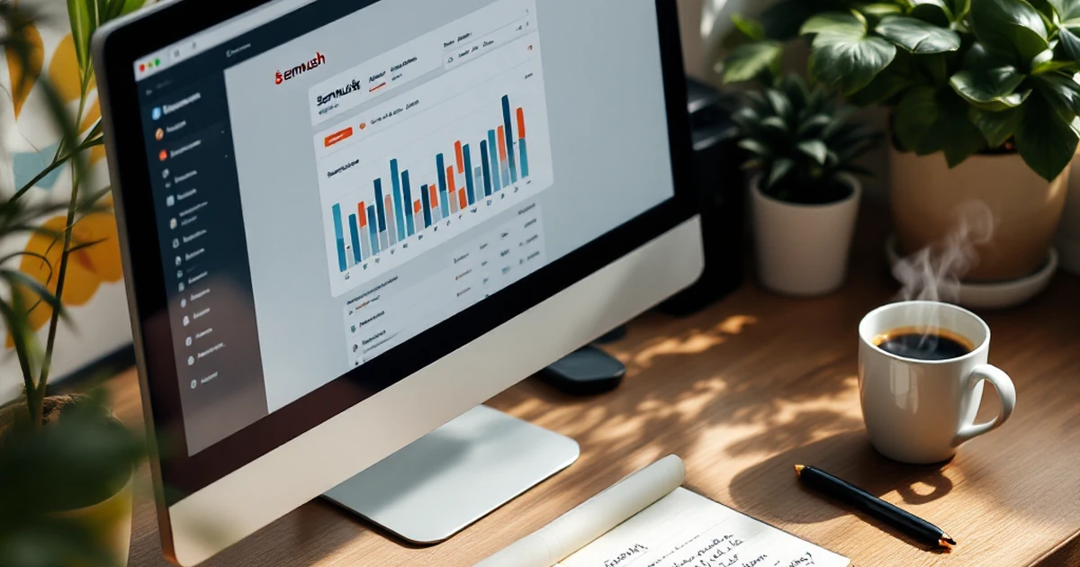 Workspace with computer showing Semrush interface, notebook, and coffee cup.