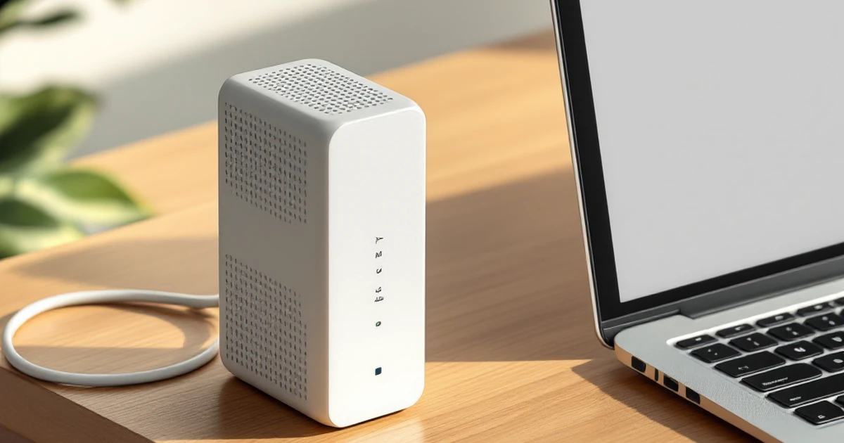 Internet modem and laptop on a desk, symbolizing fast connectivity for SEO tools.