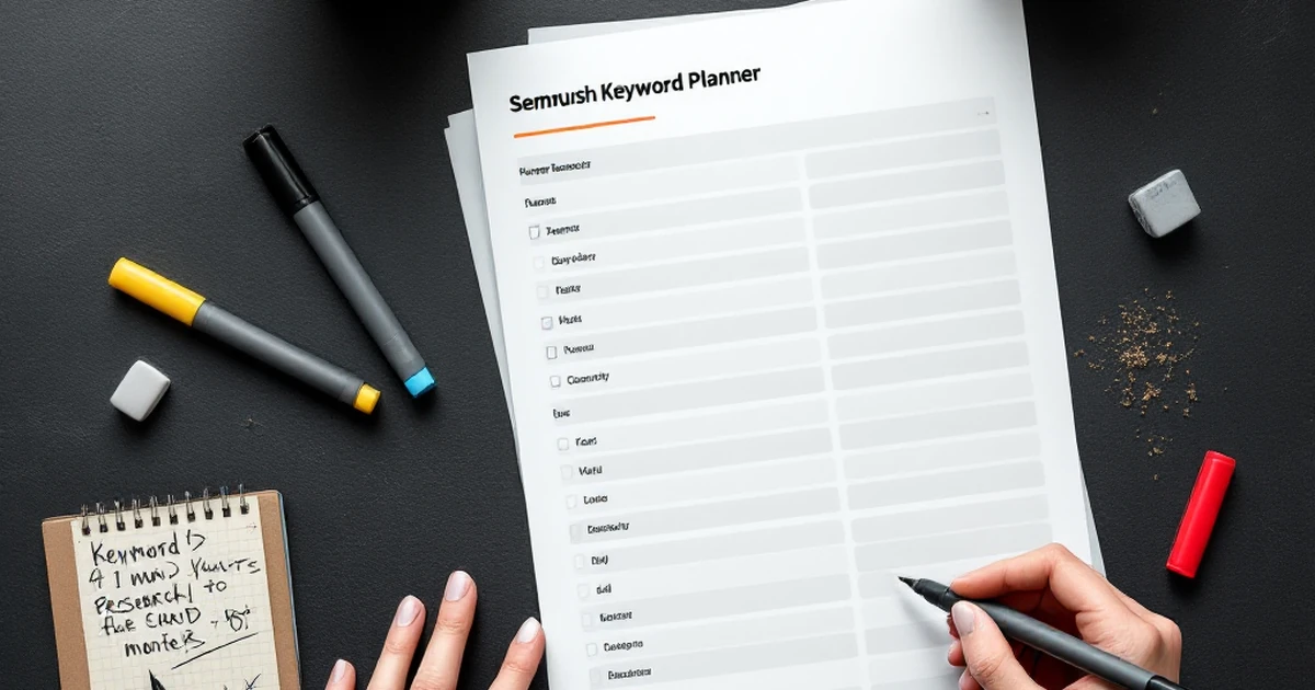 SEO keyword research tools including Semrush planner and notepad on a slate surface.