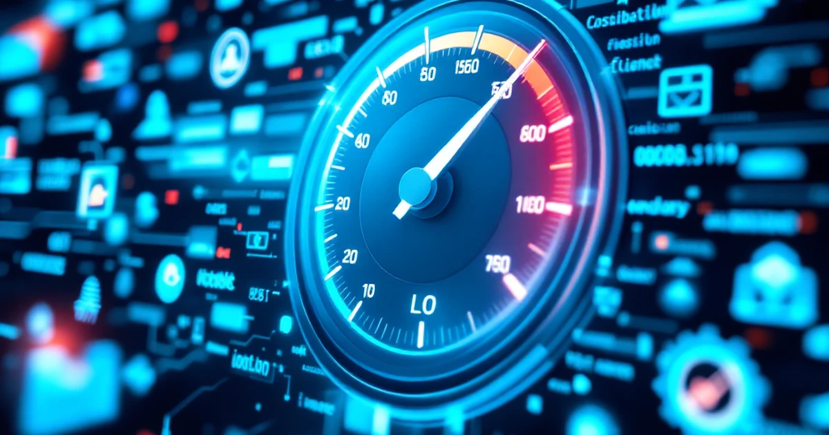 Abstract image illustrating fast website speed with speedometer and digital elements.