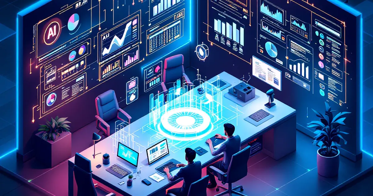 Isometric view of a futuristic office with AI data displays.