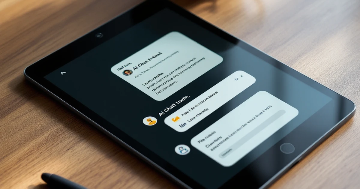 Tablet showing AI chat tool interface on a wood surface.