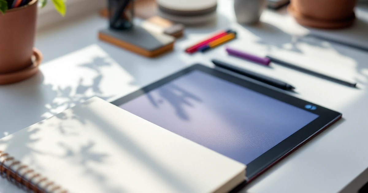 Workspace with AI design tools including a sketchbook and pen tablet.