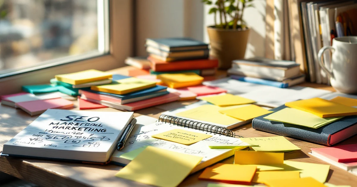 Editorial shot of books, notebook, and sticky notes on a desk introducing SEO tools.
