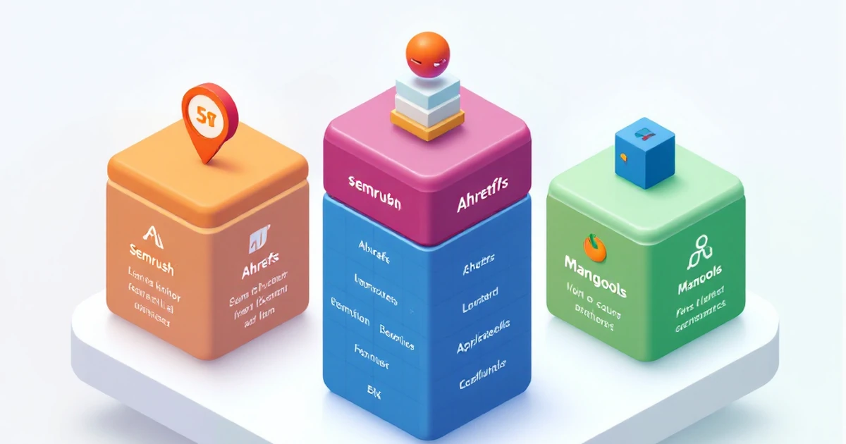 Isometric view of feature comparison of Semrush, Ahrefs, and Mangools with labeled cubes.