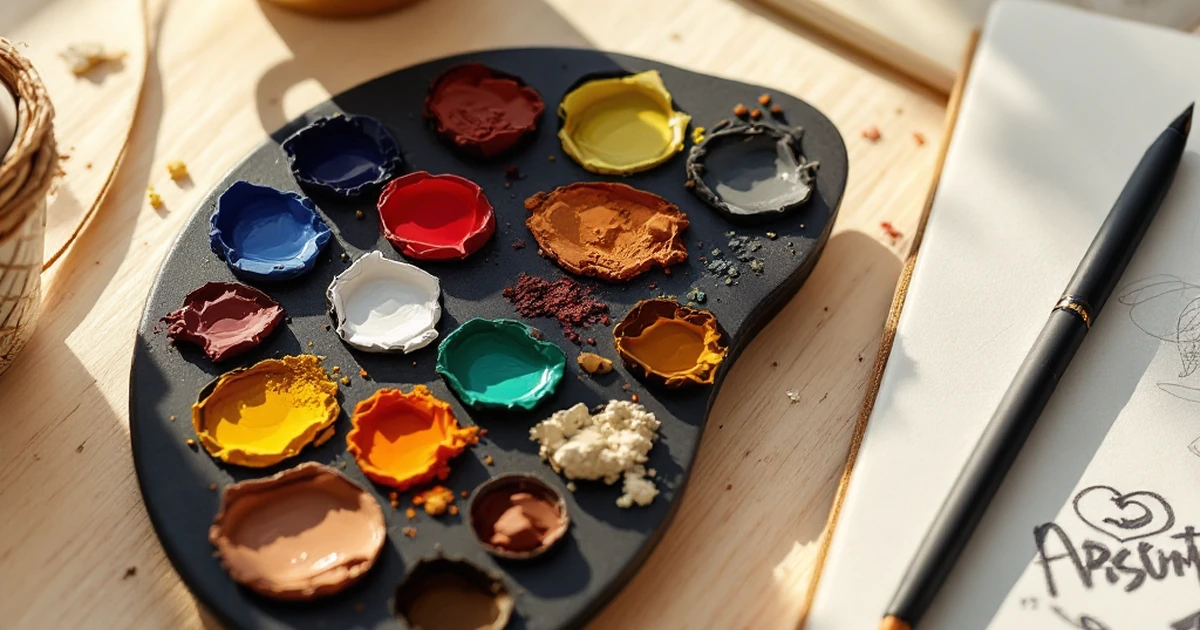 Art tools like a color palette and sketchbook on a wooden surface, highlighting creative work.