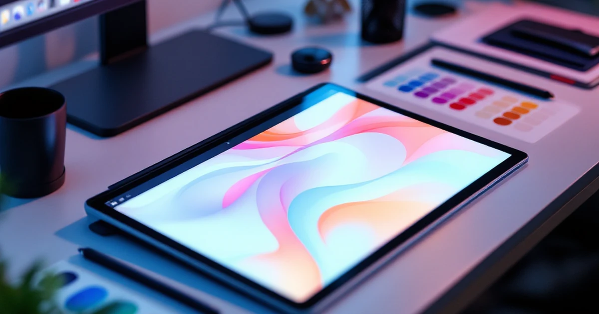 Digital tablet and stylus on a desk with color charts, representing digital art creation.