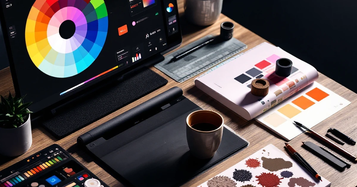 Isometric view of art tools like a digital color wheel and drawing tablet on a desk.