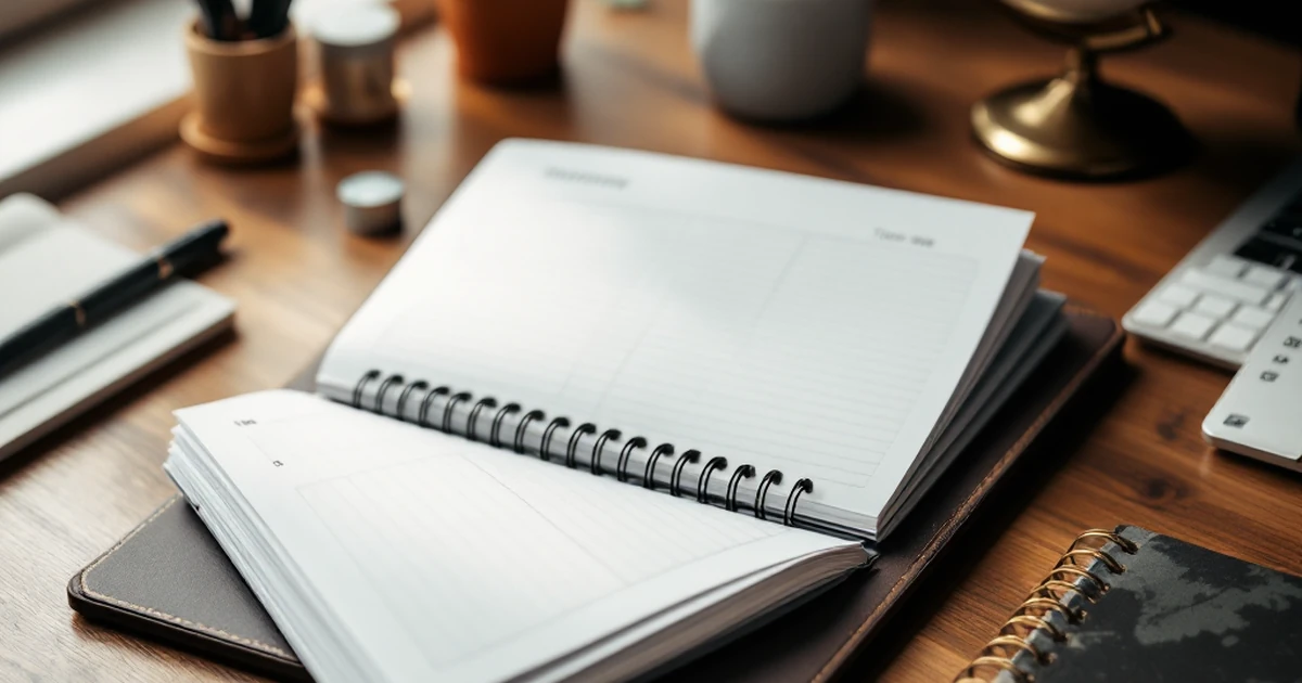 Desk with open planner and pen holder for time management introduction.