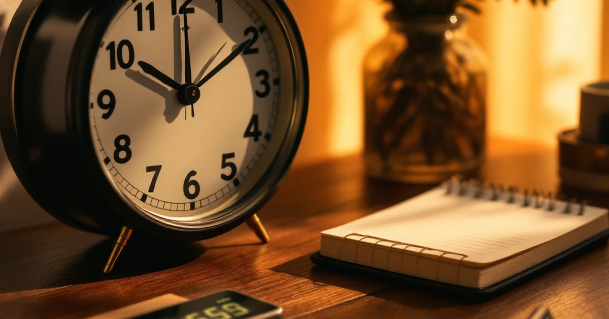 Product shot of mid-range time management tools with clock and notepad.