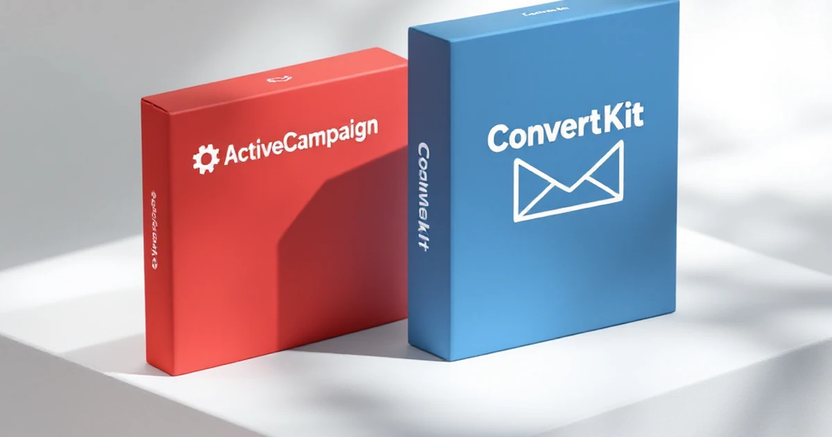 Two software boxes representing ActiveCampaign and ConvertKit