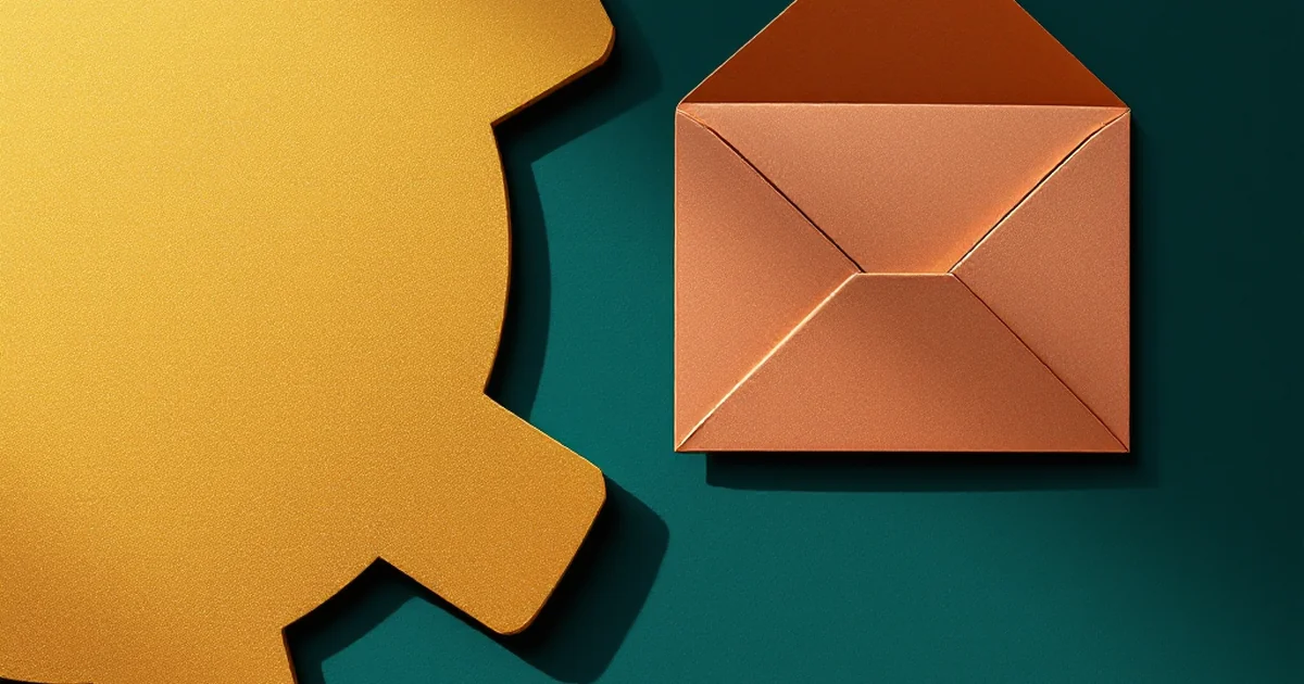 Abstract paper cutouts of a gear and envelope