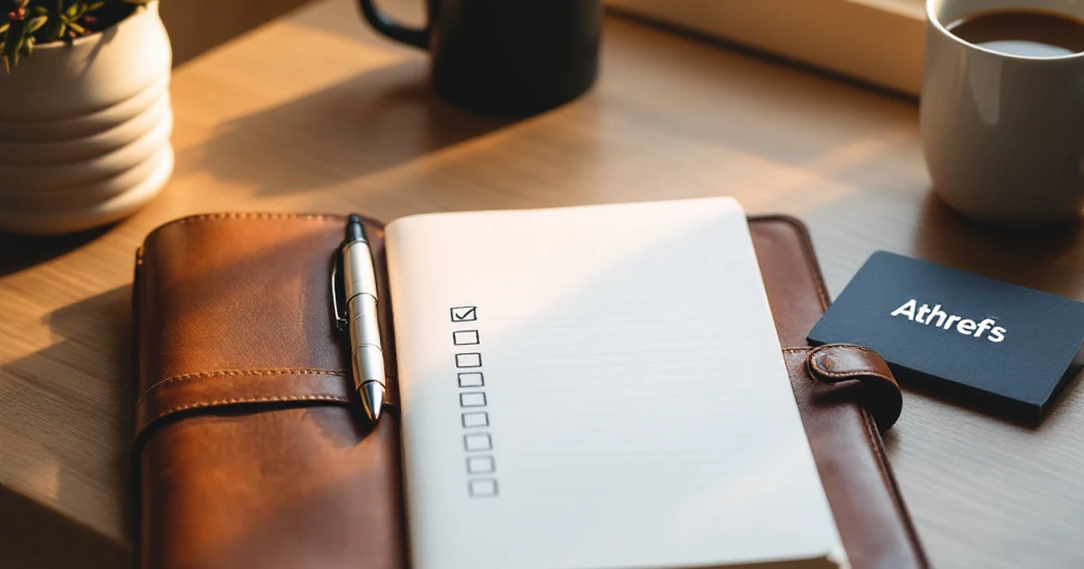 A desk setup with a notebook, pen, plant, and Ahrefs card, symbolizing the tools and preparation needed for SEO work.
