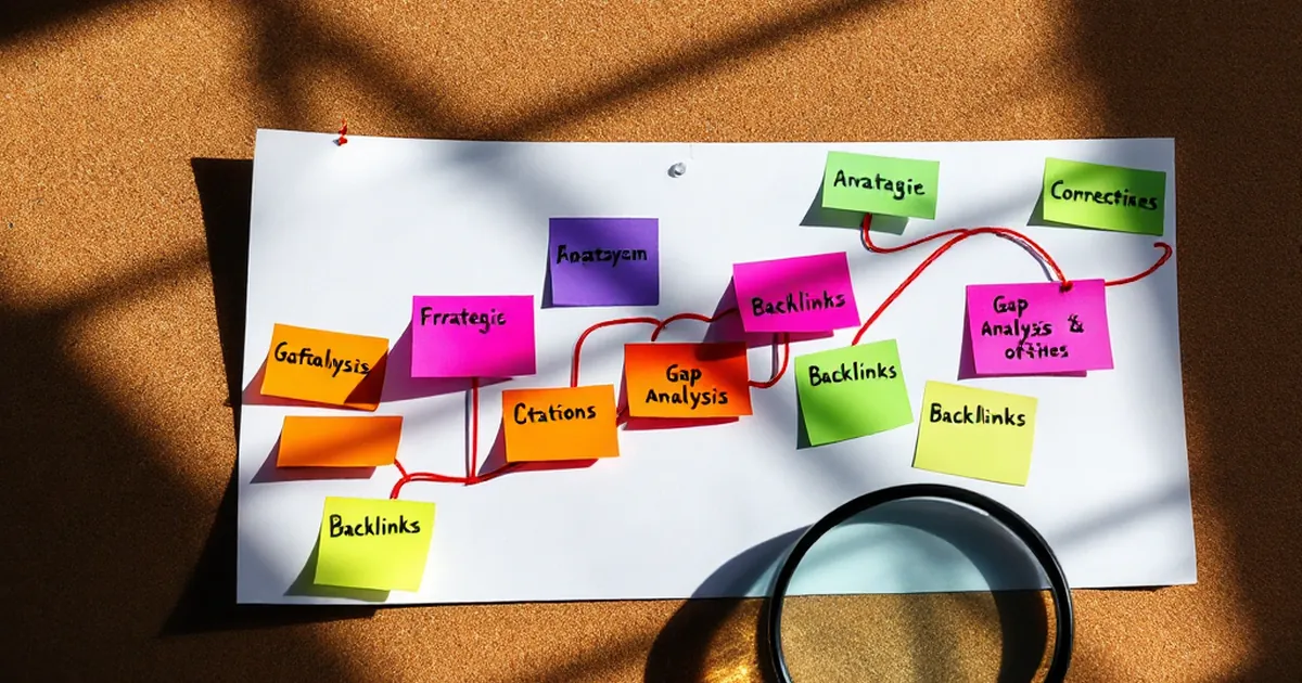 A detailed corkboard with sticky notes and string planning an SEO strategy, representing the step-by-step guide process.