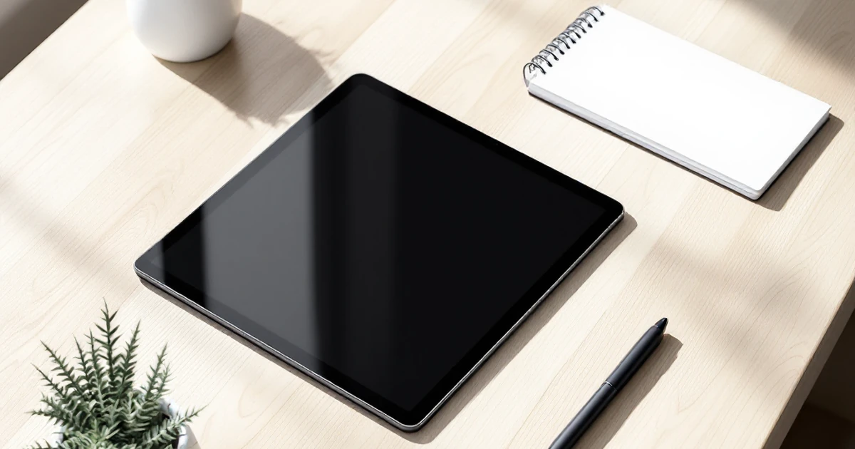 Product shot of a tablet, notepad, pen, and succulent on a wood desk.