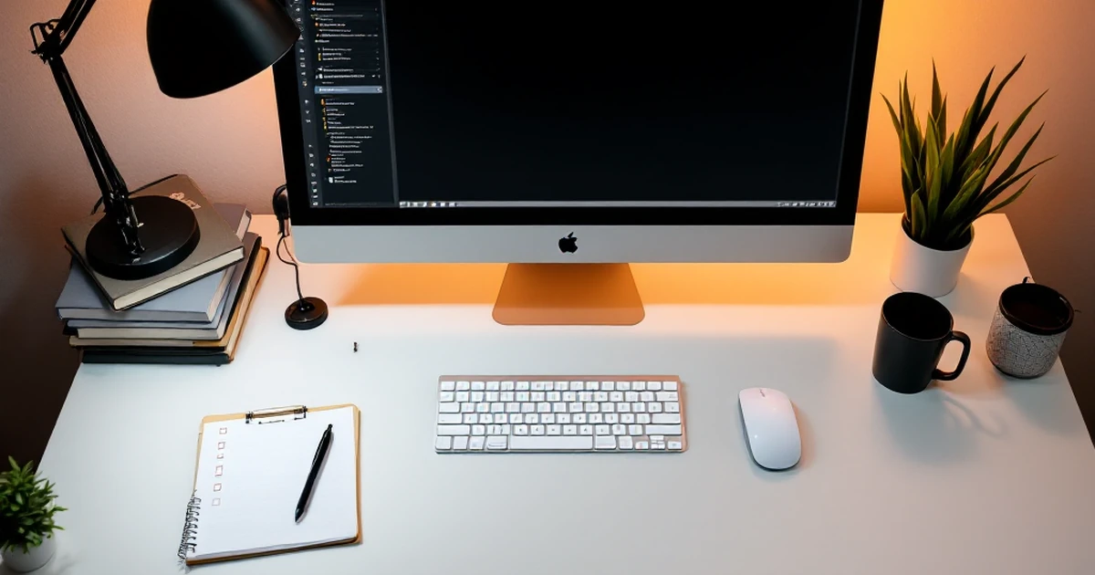 Workspace photo of a keyboard, mouse, books, and checklist notepad on a desk.