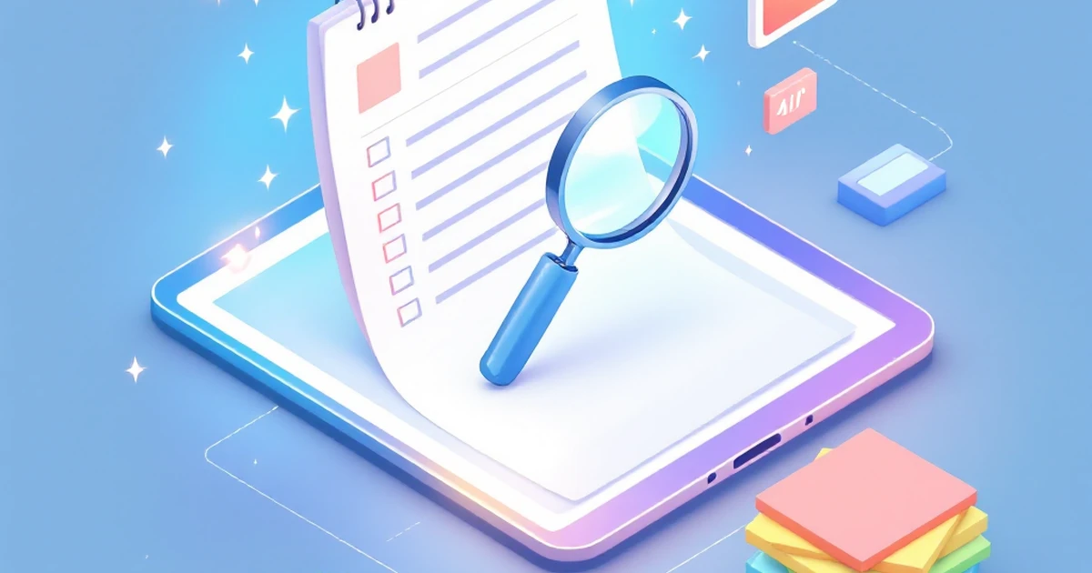 Isometric illustration of a content creation workflow with a notepad, magnifying glass, tablet, and sticky notes.