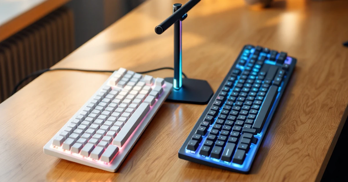 Two minimalist keyboards with different colored backlights side-by-side on a wooden desk, symbolizing AI pair programming.