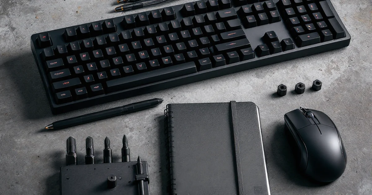 A balanced arrangement of matte black developer accessories on a concrete background.