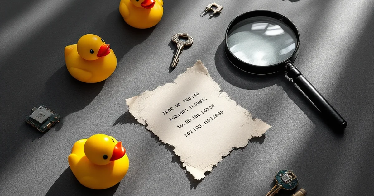 An abstract arrangement of objects like a rubber duck, circuit board, and magnifying glass, representing niche and budget coding tools.