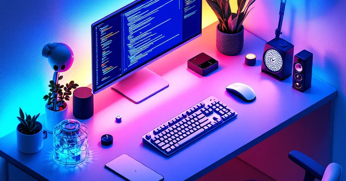 Isometric view of workspace with AI coding gadgets and floating code screens.