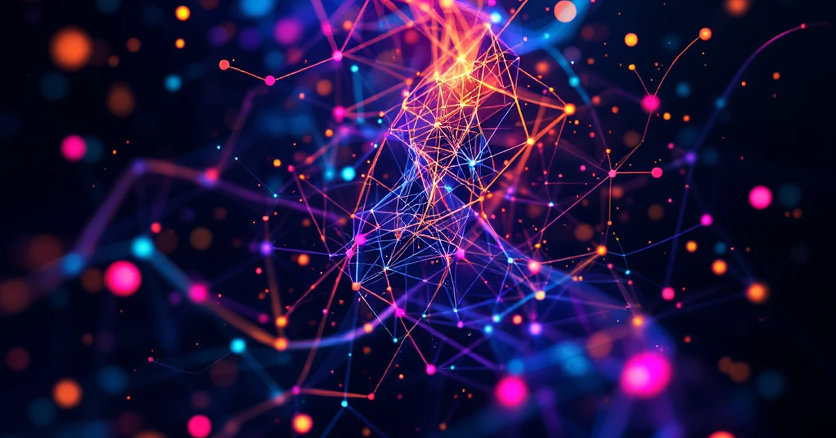 Abstract image of AI tools with geometric patterns and data streams.