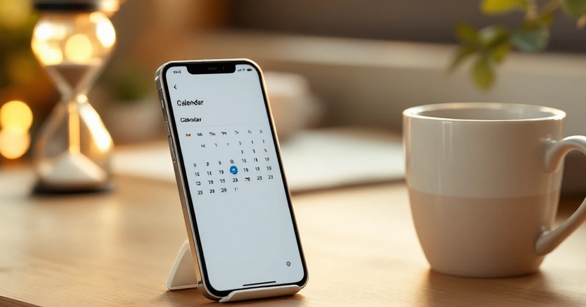 Workspace with smartphone, earbuds, coffee mug, and hourglass on oak desk.