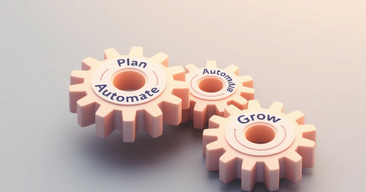An isometric 3D illustration of interlocking gears symbolizing planning, automation, and business growth.