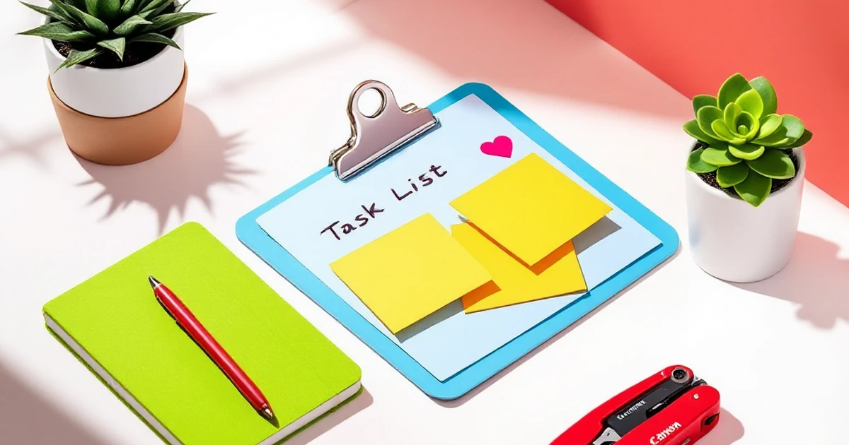Isometric arrangement of notebook, clipboard, and multi-tool on white surface.