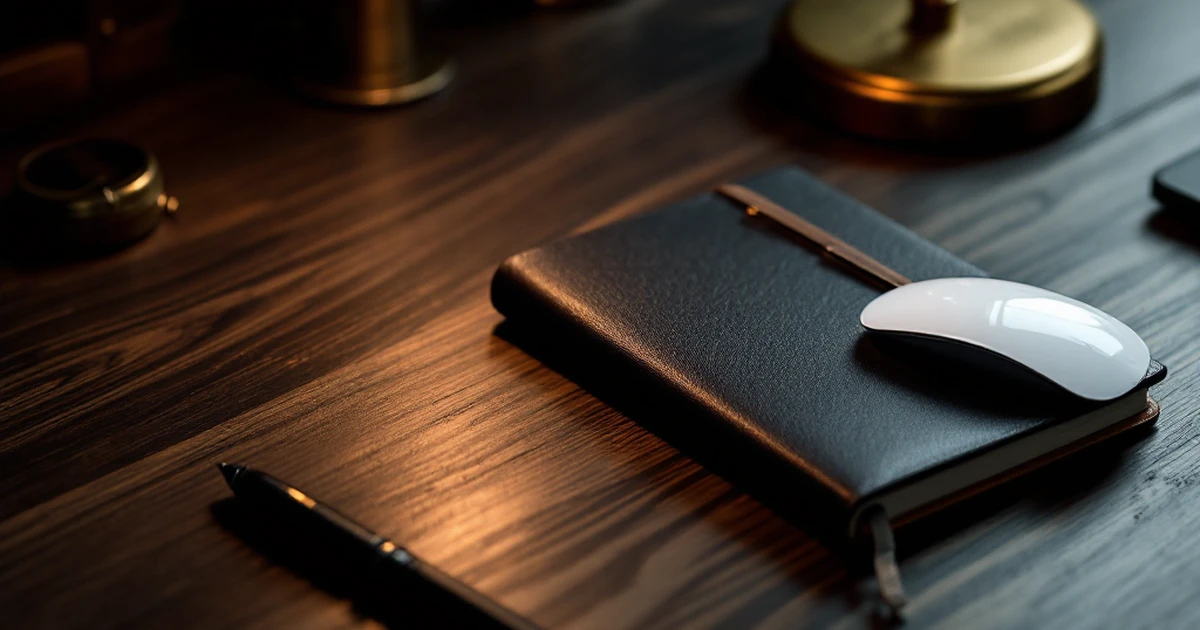 Dark wood desk with pen, journal, mouse, and desk lamp in warm lighting.