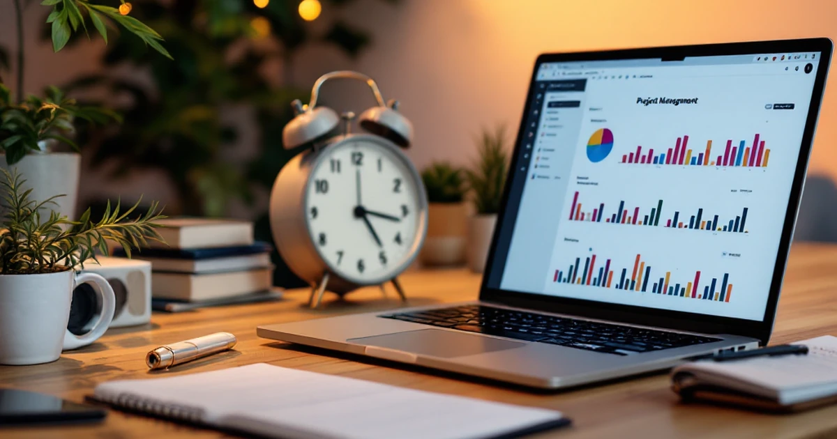 Workspace with project management tools, closed laptop, and paper planner.