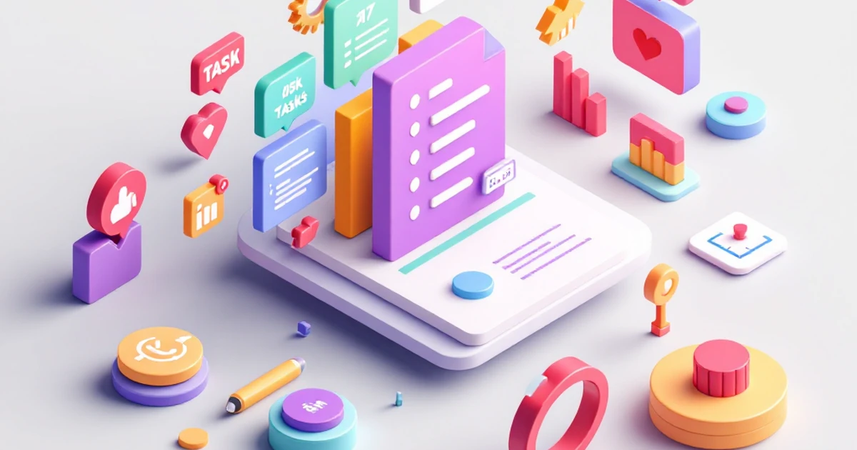 Isometric view of task management icons and tools.