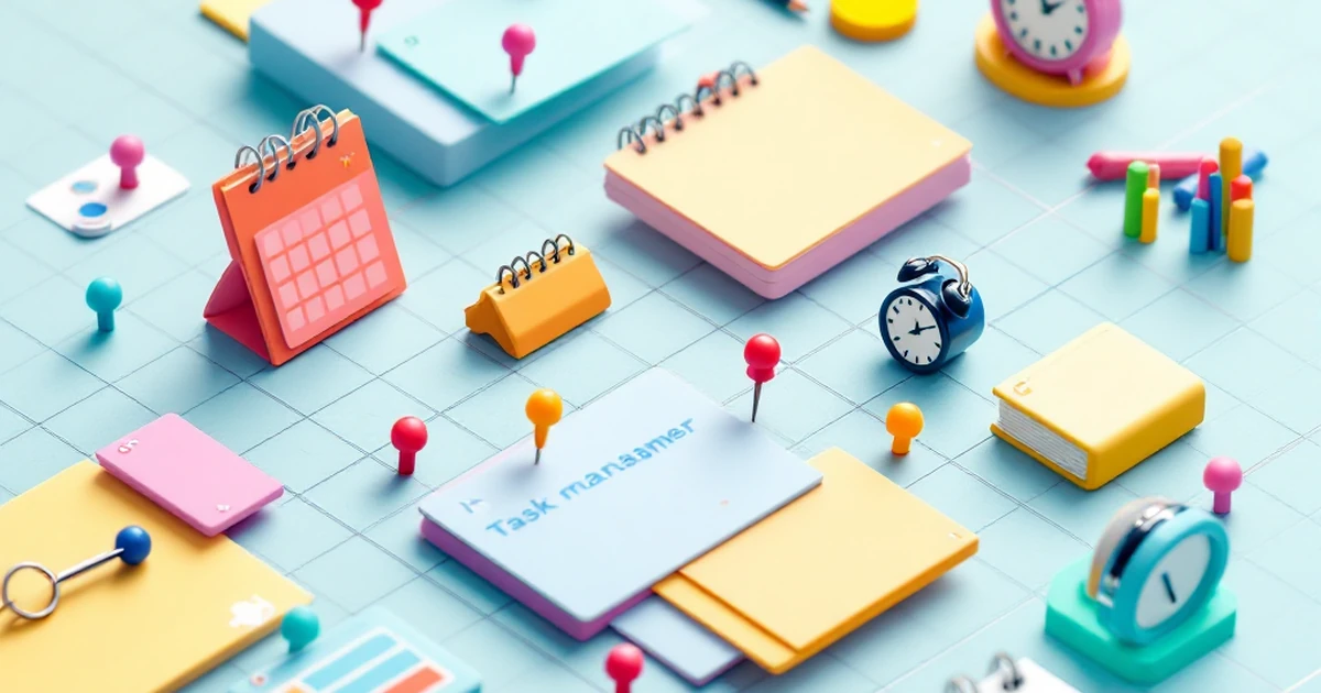 Isometric view of task management tools with task cards and calendars.