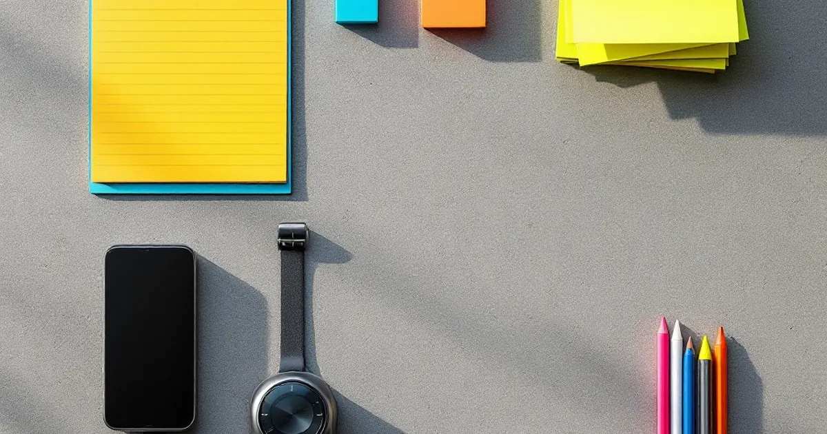 Product photography of team productivity tools with gadgets and sticky notes.