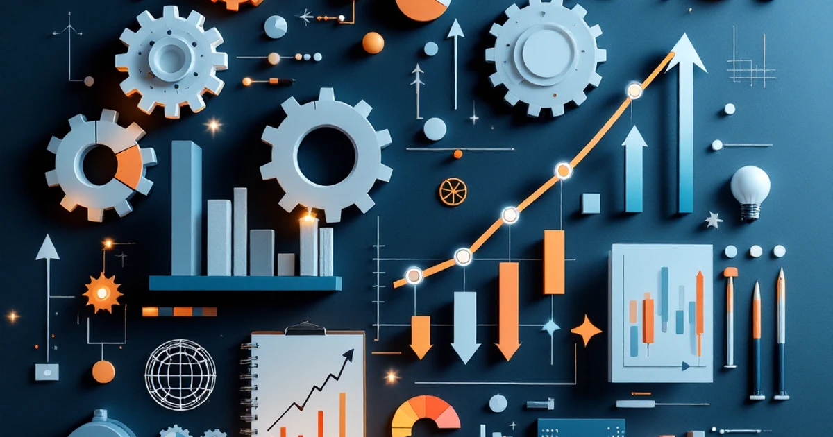 Abstract composition of project management elements with gears and charts.