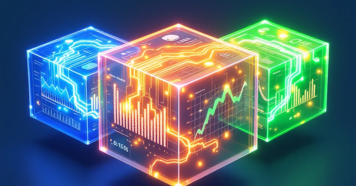 Three transparent data cubes with different colored data streams, representing a side-by-side feature comparison.