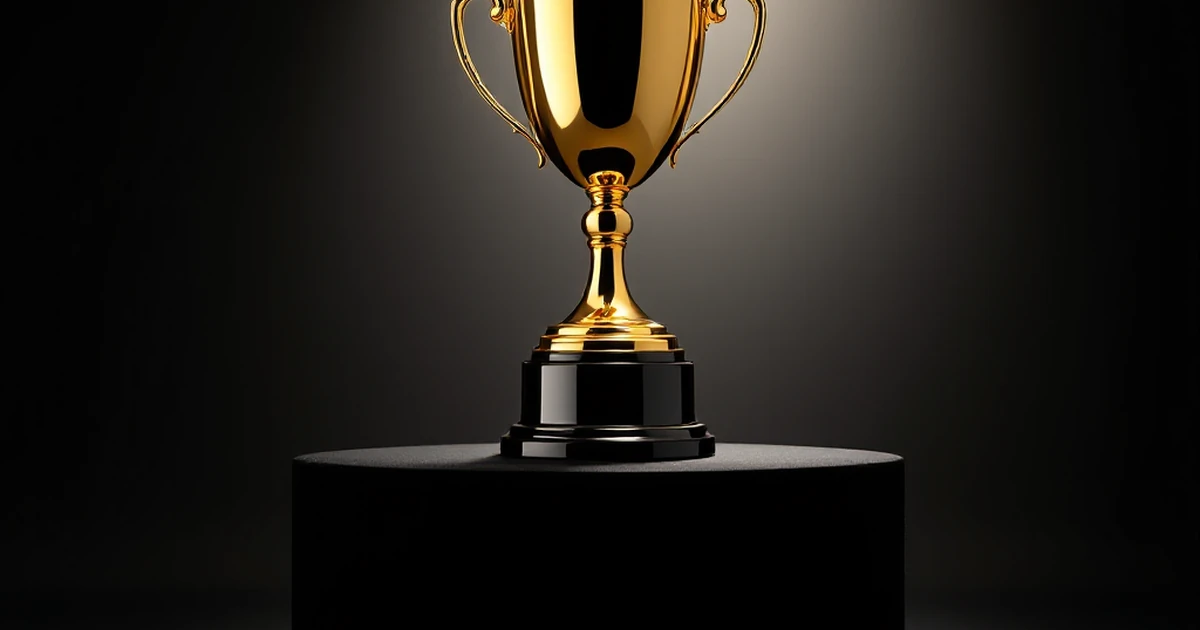 A single gold trophy on a dark pedestal under a spotlight, representing a final choice or verdict.