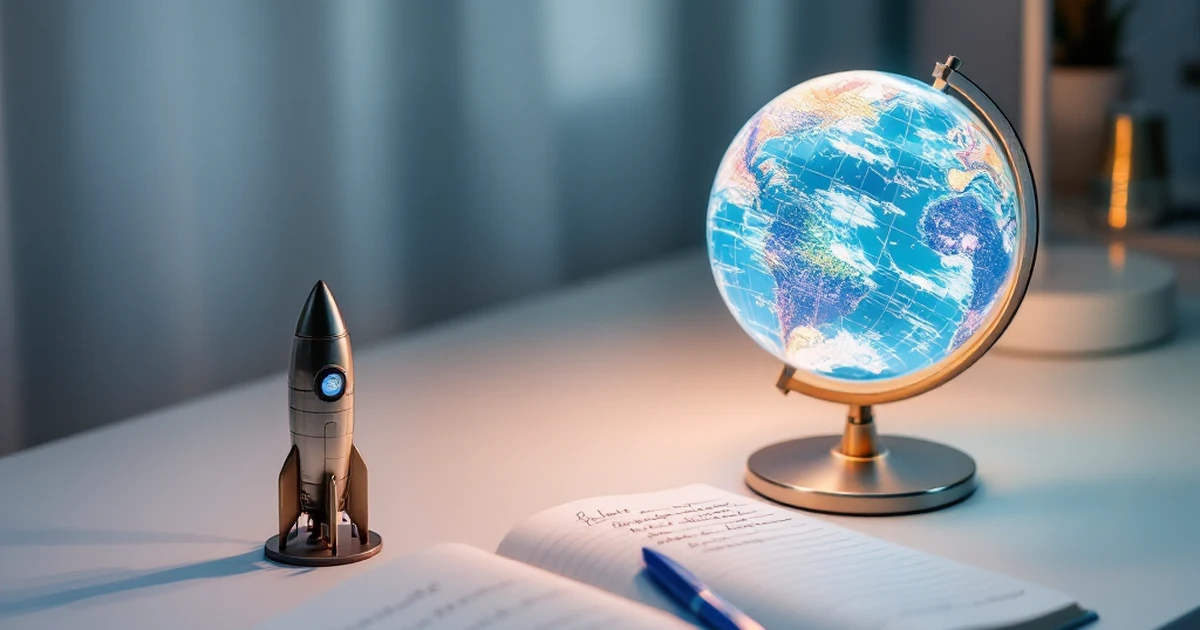 Product shot of globe and rocket model on desk for web hosting introduction.